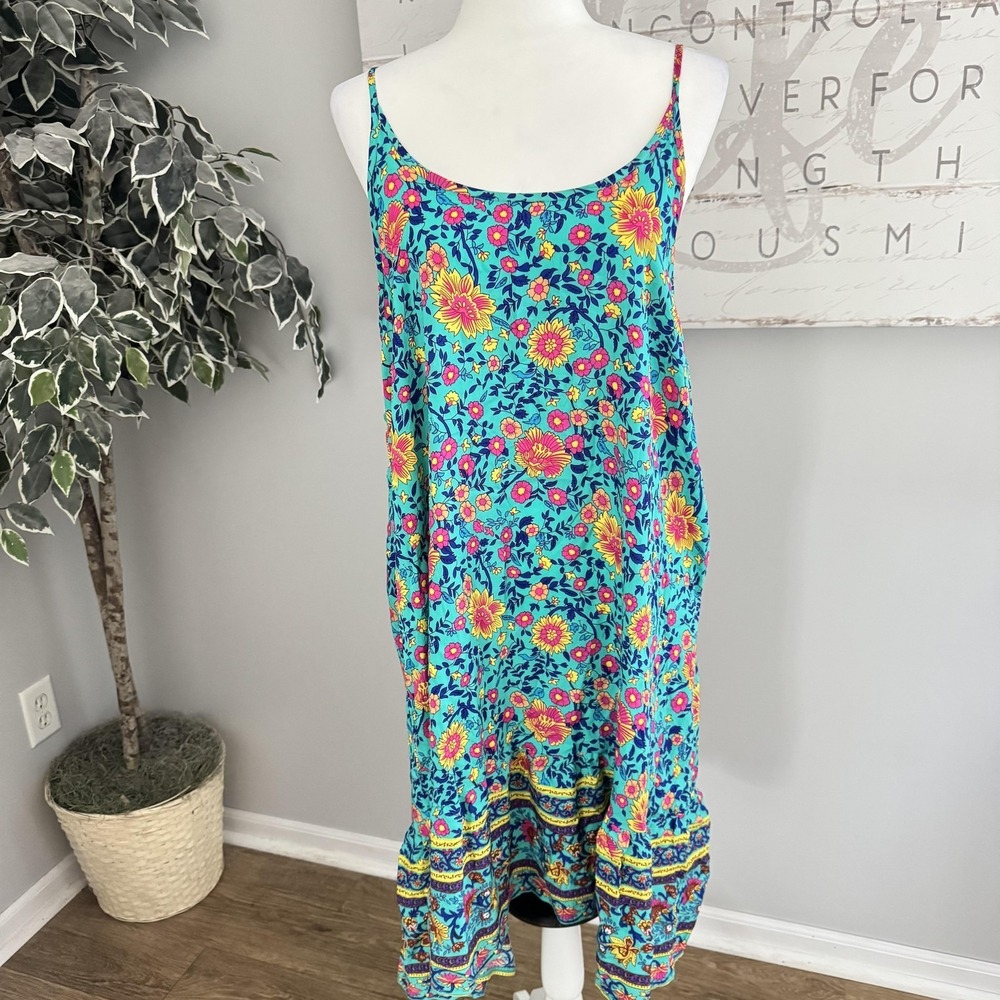 Qearal Dress Womens XXL Blue Floral Boho Sleeveless Midi Ruffle Hem Sundress‎